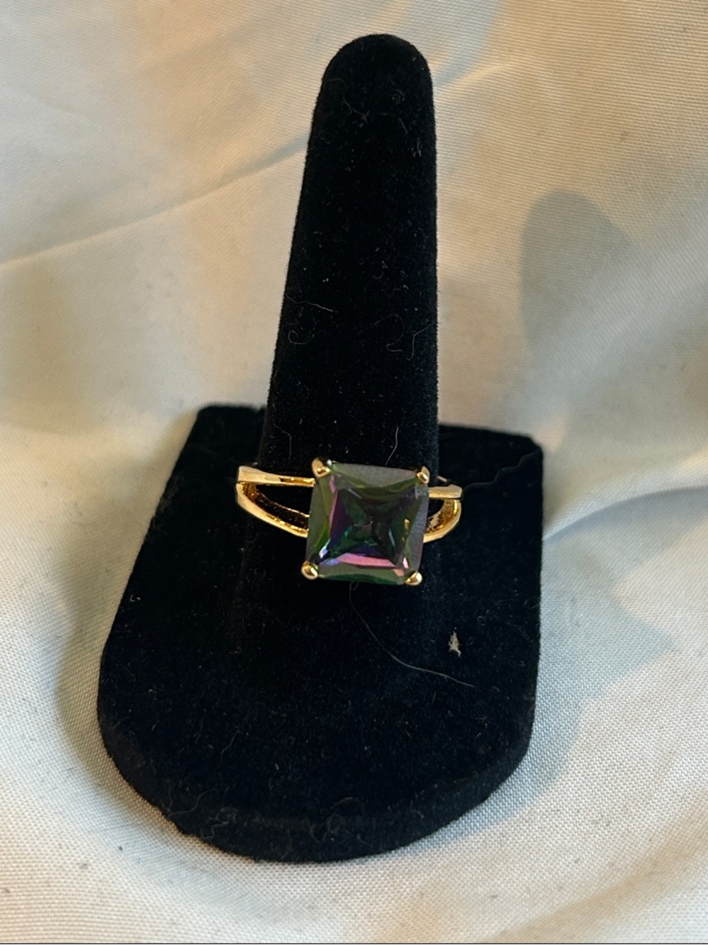 Gold Tone Ring with Square Mystic Style Stone - Unbranded